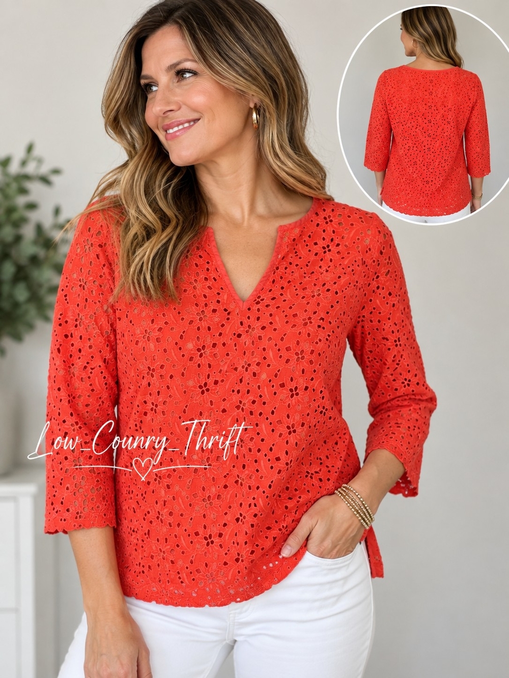 Talbots Eyelet Blouse Women's 4 Orange Floral Lace V Neck 3/4 Sleeve